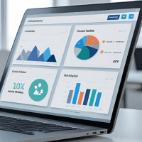Illustration of SEO concepts including a magnifying glass over a webpage, upward trending graphs, and keyword tags representing search engine optimization.