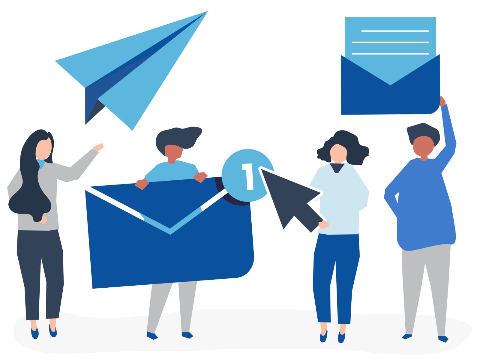 Illustration of a laptop displaying an email inbox with marketing messages, surrounded by icons representing social media, analytics, and communication tools.