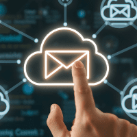 Illustration of a person sitting at a desk using a laptop with email icons and marketing-related graphics surrounding them, symbolizing email marketing.