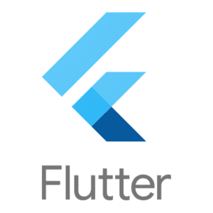 Flutter logo featuring a stylized blue letter 'F' with sharp, angular shapes.