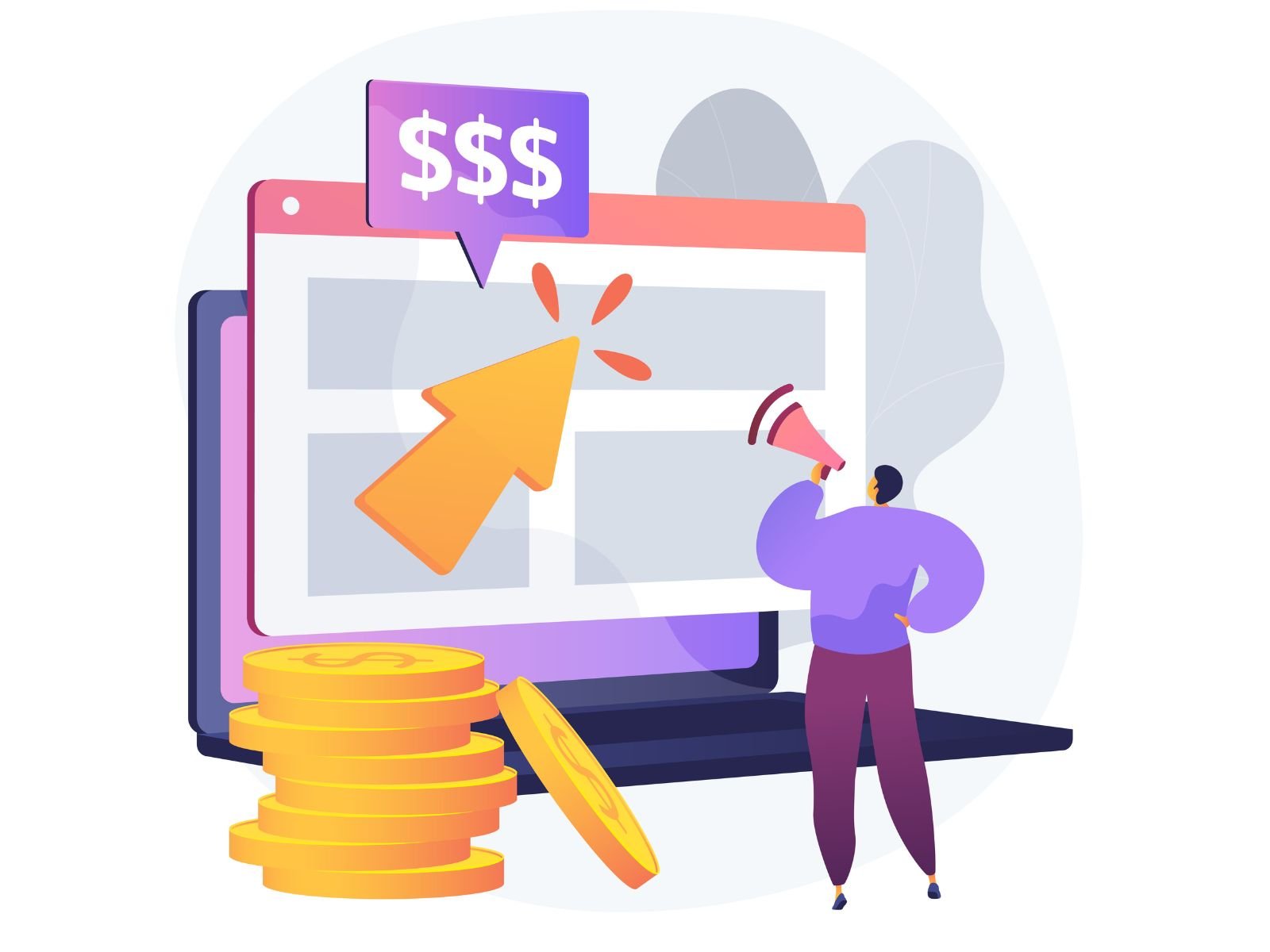 Graphic showing a computer screen with digital advertisements and a dollar sign, illustrating paid ads and pay-per-click (PPC) marketing.