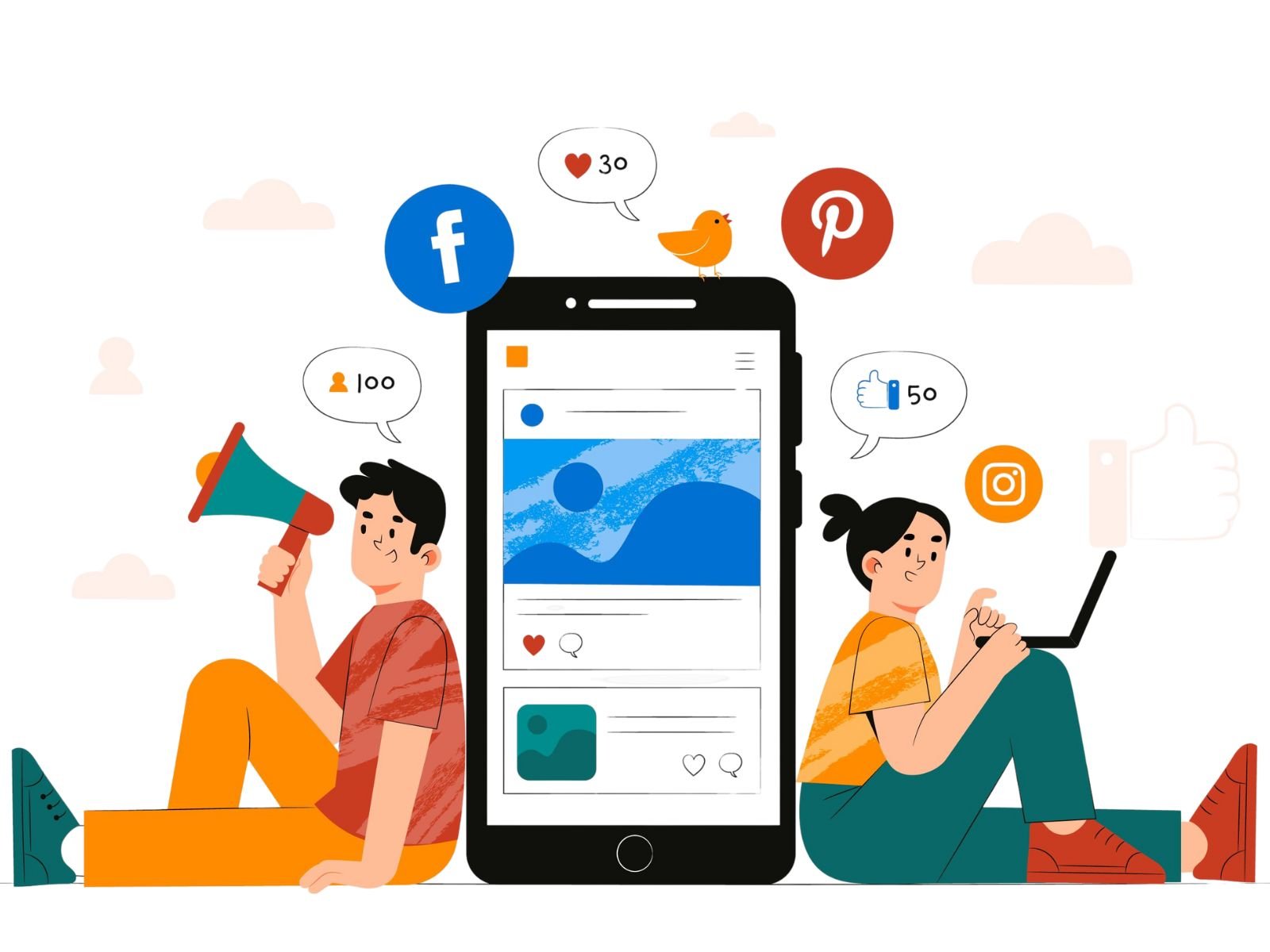 Illustration of a smartphone displaying various social media app icons, including Facebook, Twitter, Instagram, and LinkedIn, against a colorful background.