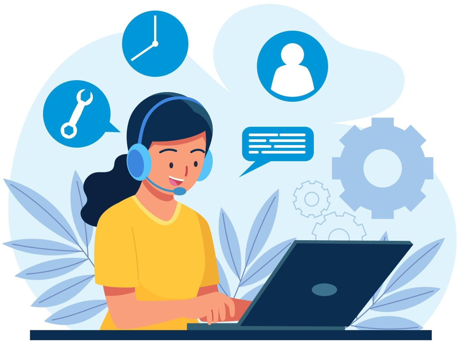 A digital illustration of a virtual assistant icon with a smiling face inside a speech bubble, surrounded by technology-themed icons.