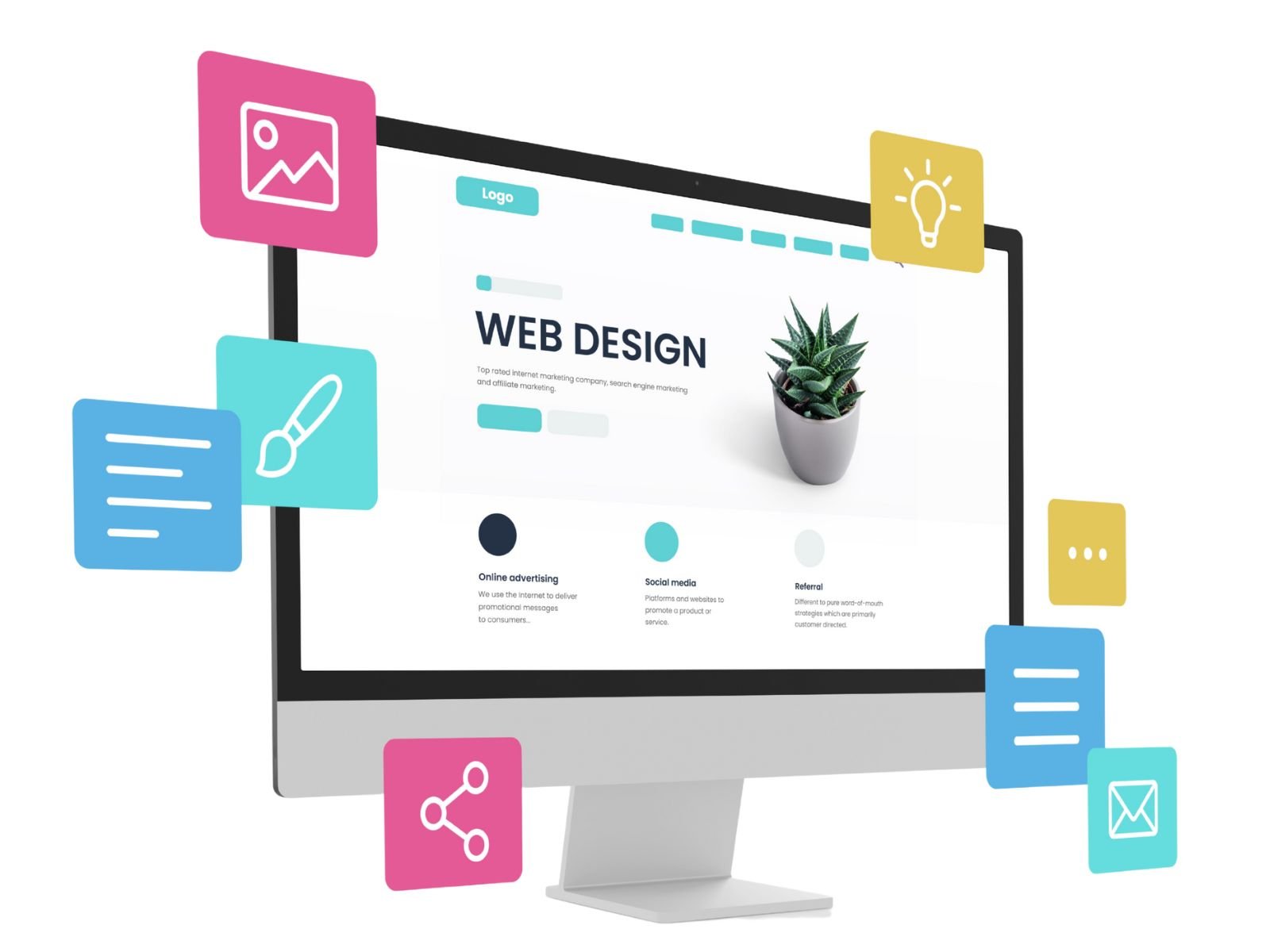 Screenshot showing various modern website design layouts with colorful elements and clean typography.