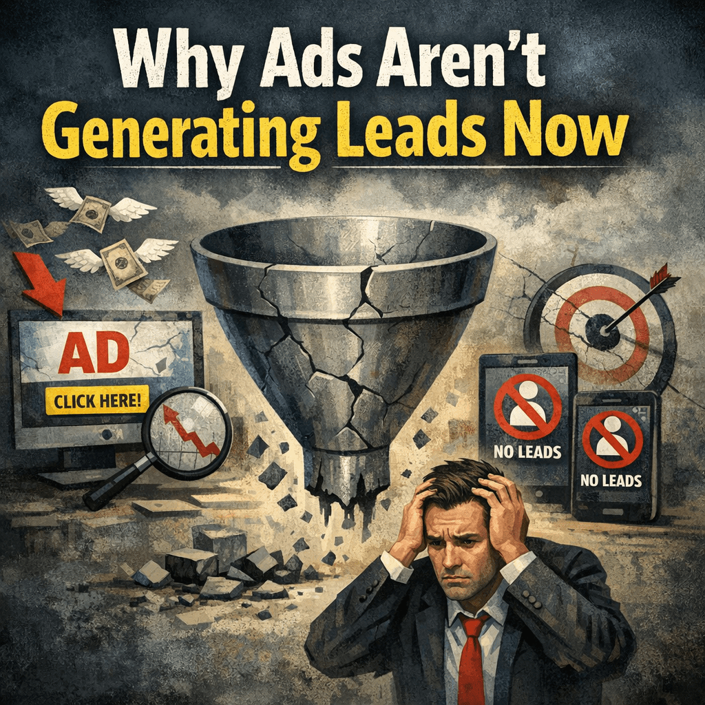 Chart showing low conversion rates from online ads with frustrated marketer icons, illustrating ads not generating leads.