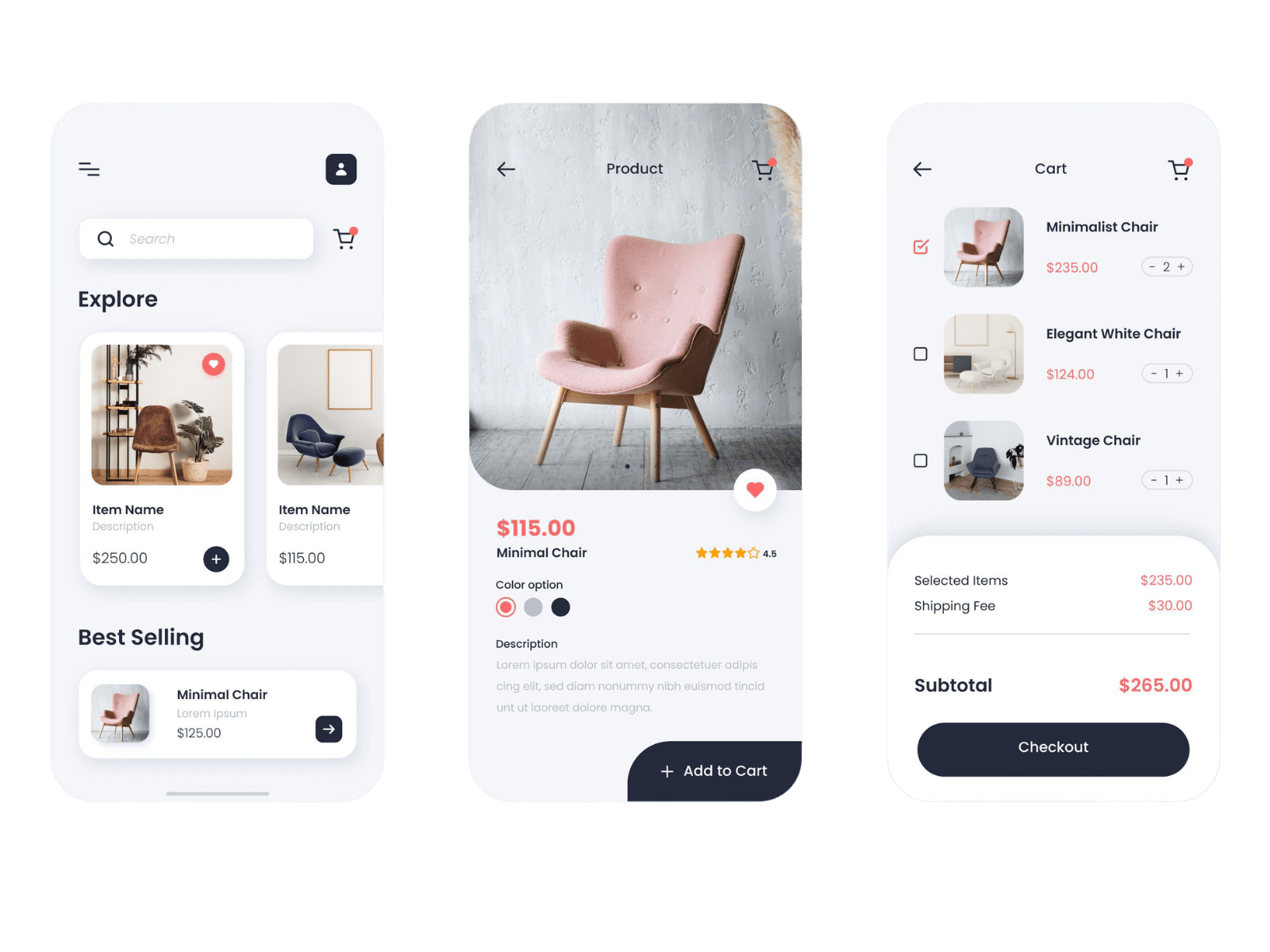 Screenshot of a mobile app design portfolio showcasing multiple colorful app interface screens arranged in a grid layout.