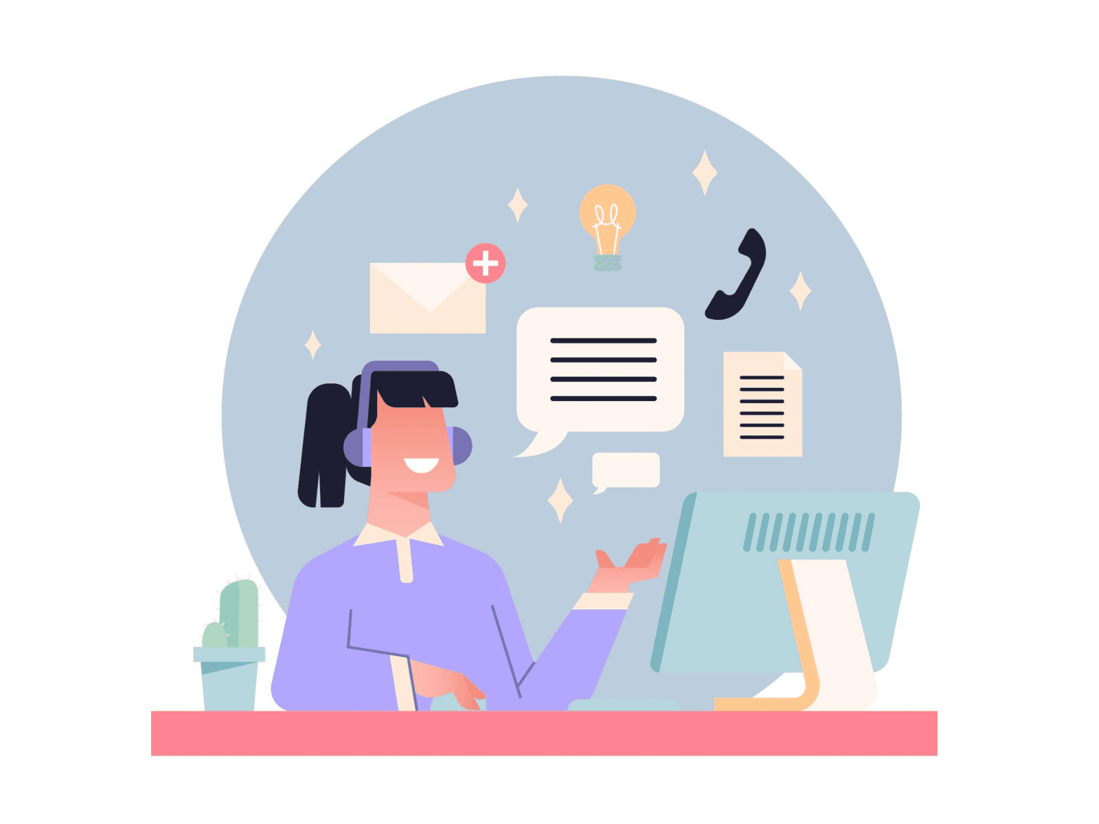 Illustration showing various business needs supported by virtual assistants, including scheduling, communication, data management, and customer service icons.