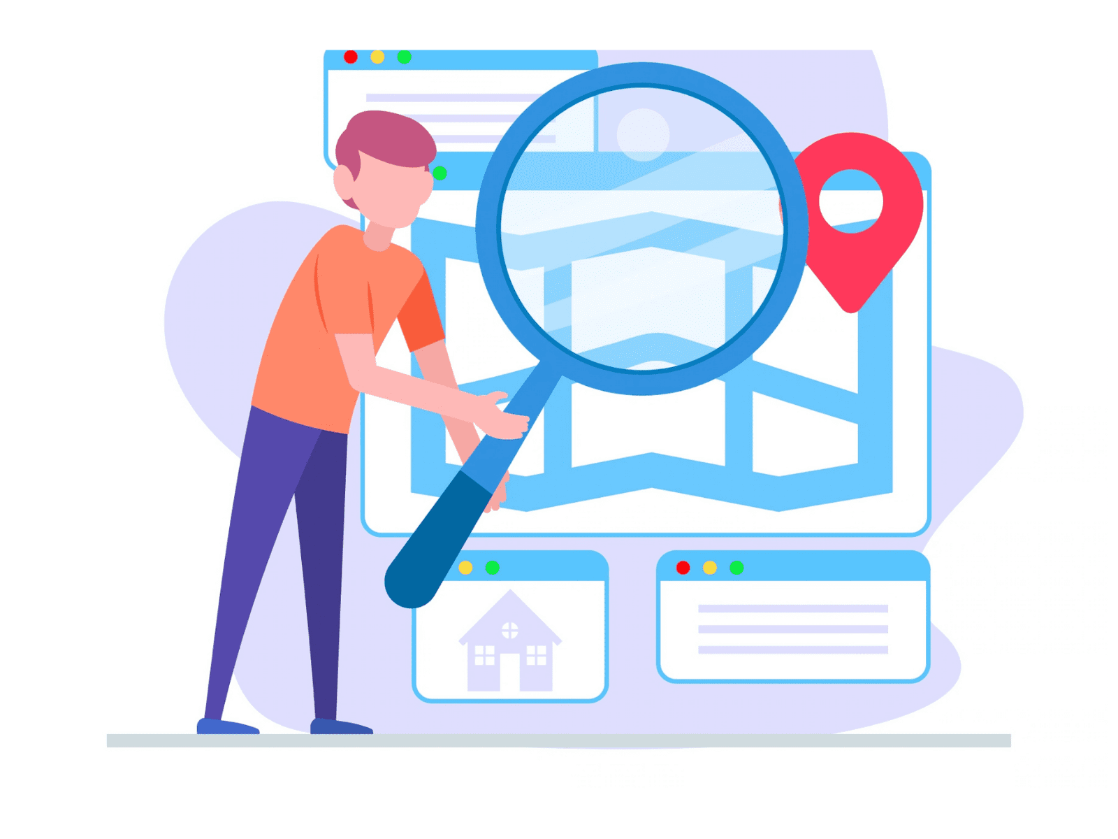 Illustration showing a map with location pins, a magnifying glass over a storefront, and icons representing search rankings, highlighting local SEO concepts.