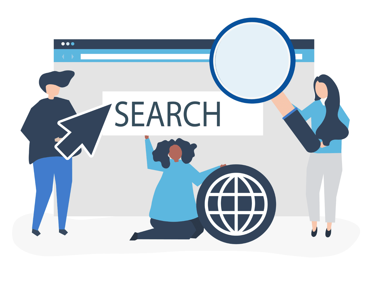 Illustration of a laptop displaying a website with SEO analytics, charts, and a magnifying glass, representing national SEO strategy and optimization.