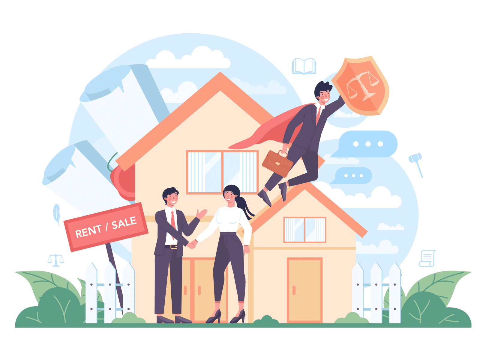 Illustration of a real estate trust concept showing a multi-story building, financial documents, and a hand holding a house model.