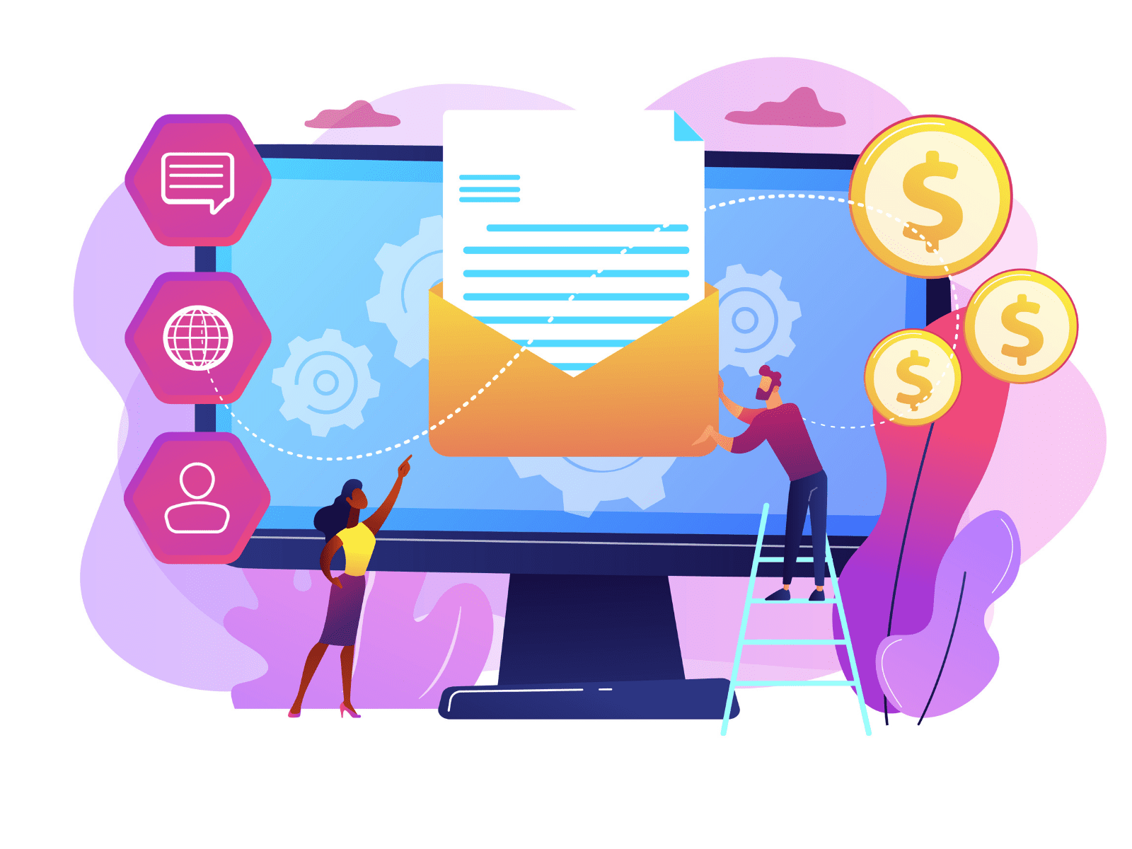 Infographic showing different types of email campaigns, including newsletters, promotional offers, event invitations, product updates, and customer surveys.