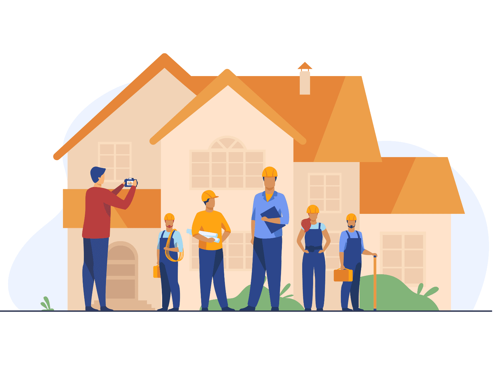 Illustration of a home contractor shaking hands with a client in front of a house, surrounded by marketing icons like chat bubbles, a lightbulb, and a megaphone.