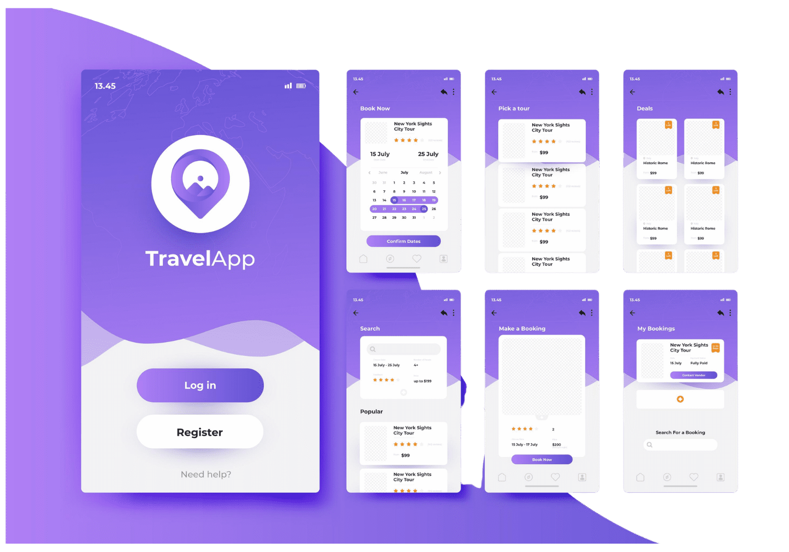 Screenshot of a modern mobile app design portfolio showcasing colorful user interface screens and design elements.