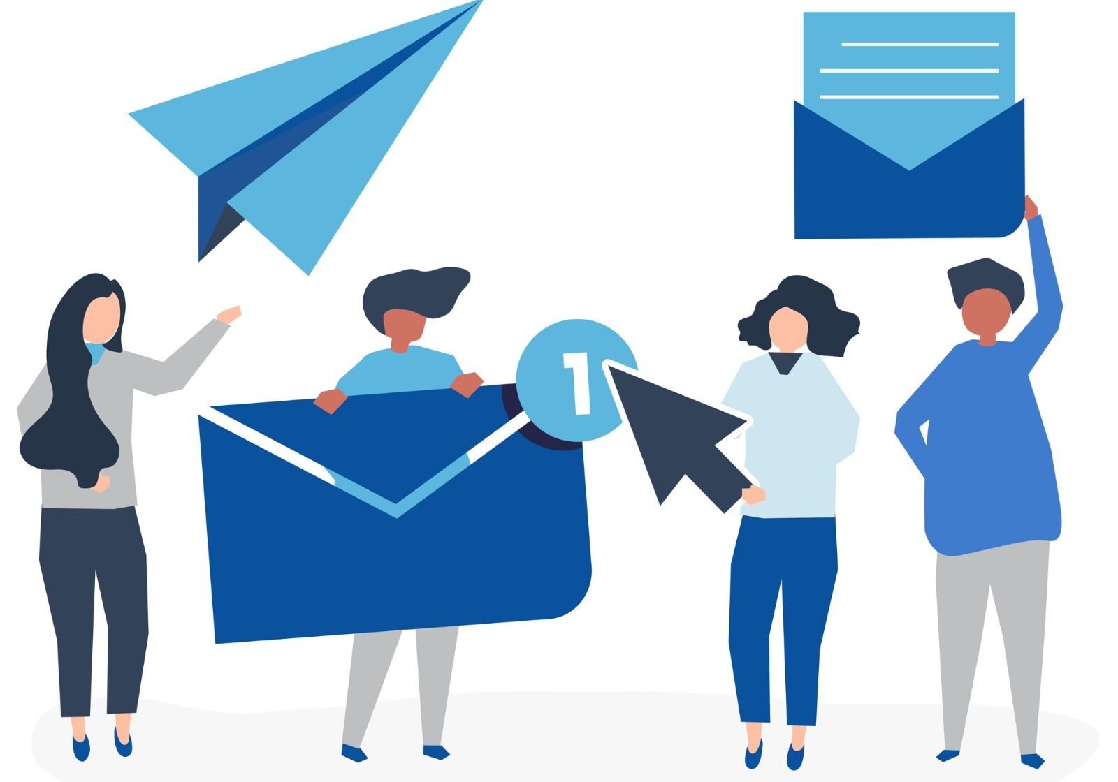 Illustration of a laptop displaying an email inbox with marketing messages, surrounded by icons representing social media, analytics, and communication tools.