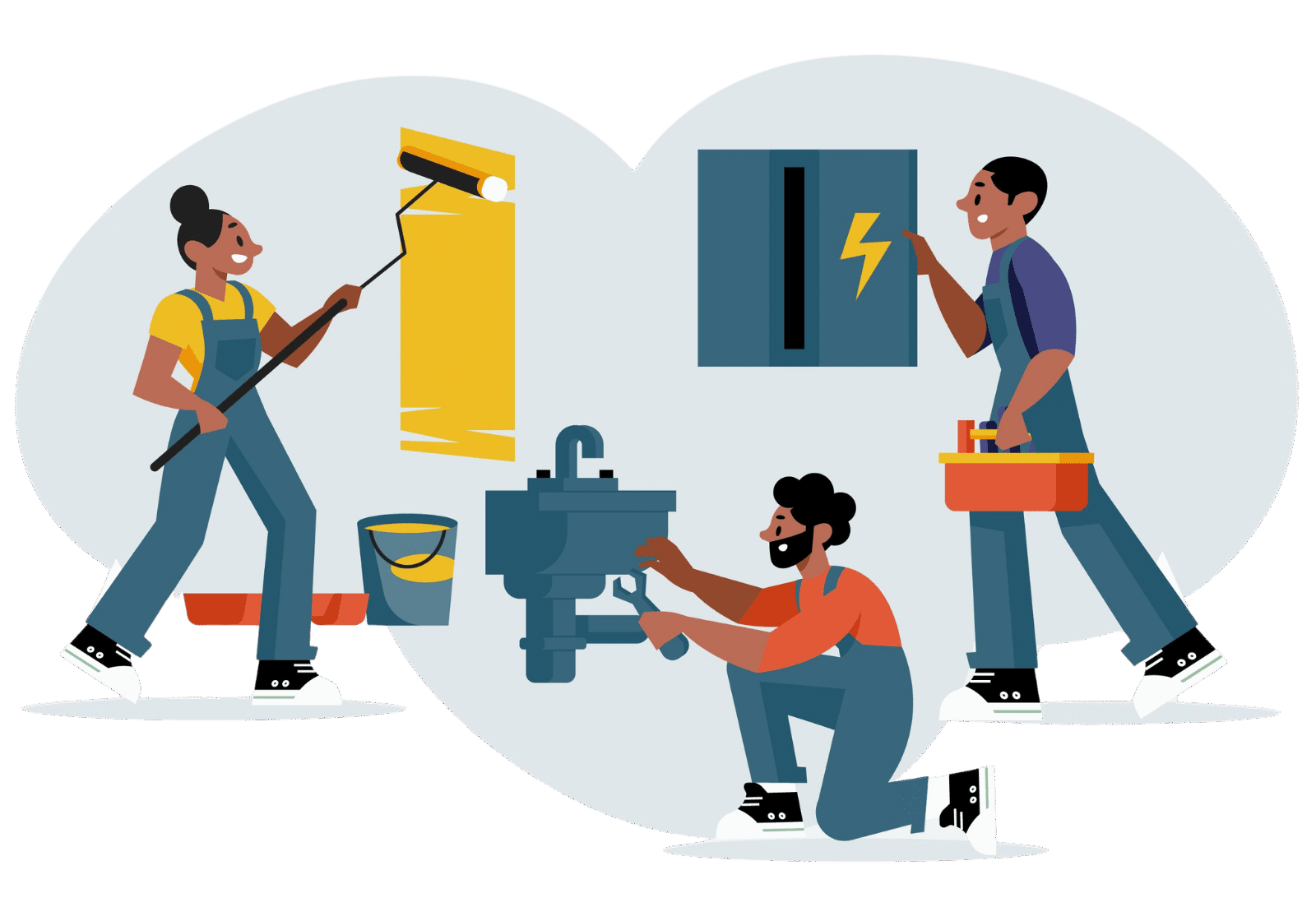 Illustration of a smiling contractor shaking hands with a homeowner in front of a newly renovated house, symbolizing successful home improvement collaboration.