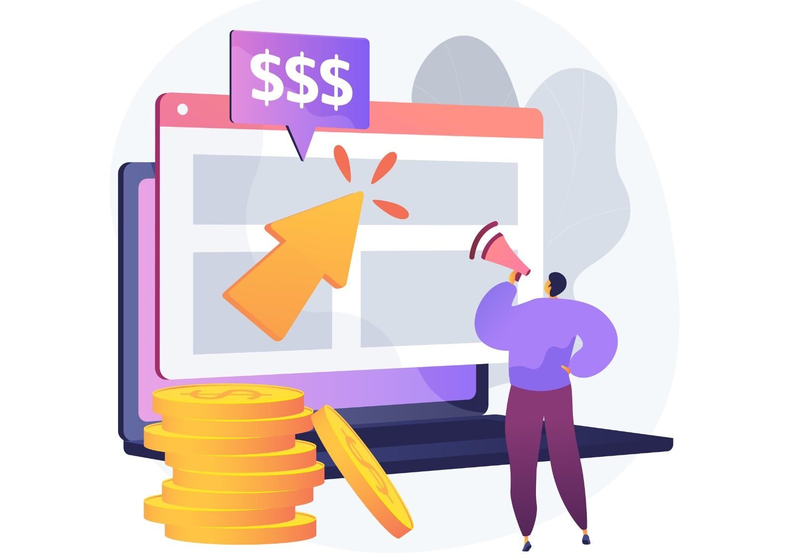 Graphic showing a computer screen with digital advertisements and a dollar sign, illustrating paid ads and pay-per-click (PPC) marketing.