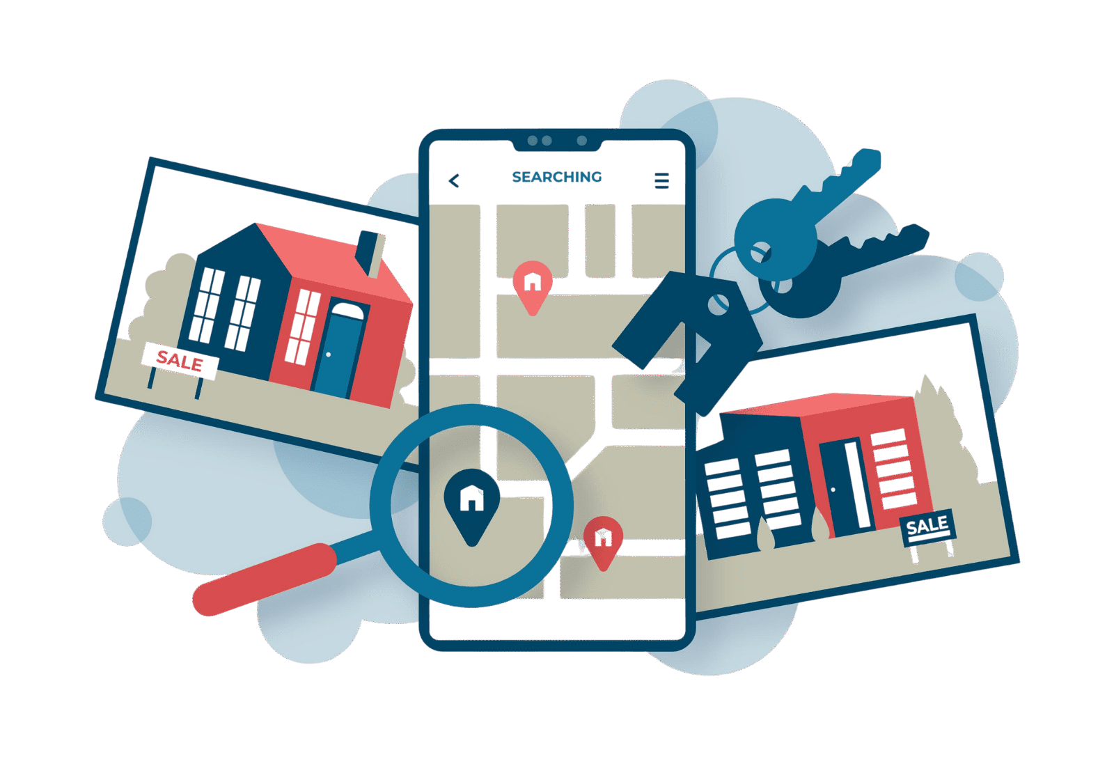 A modern house with a "For Sale" sign in the front yard, surrounded by trees and bright sunlight, illustrating real estate marketing.