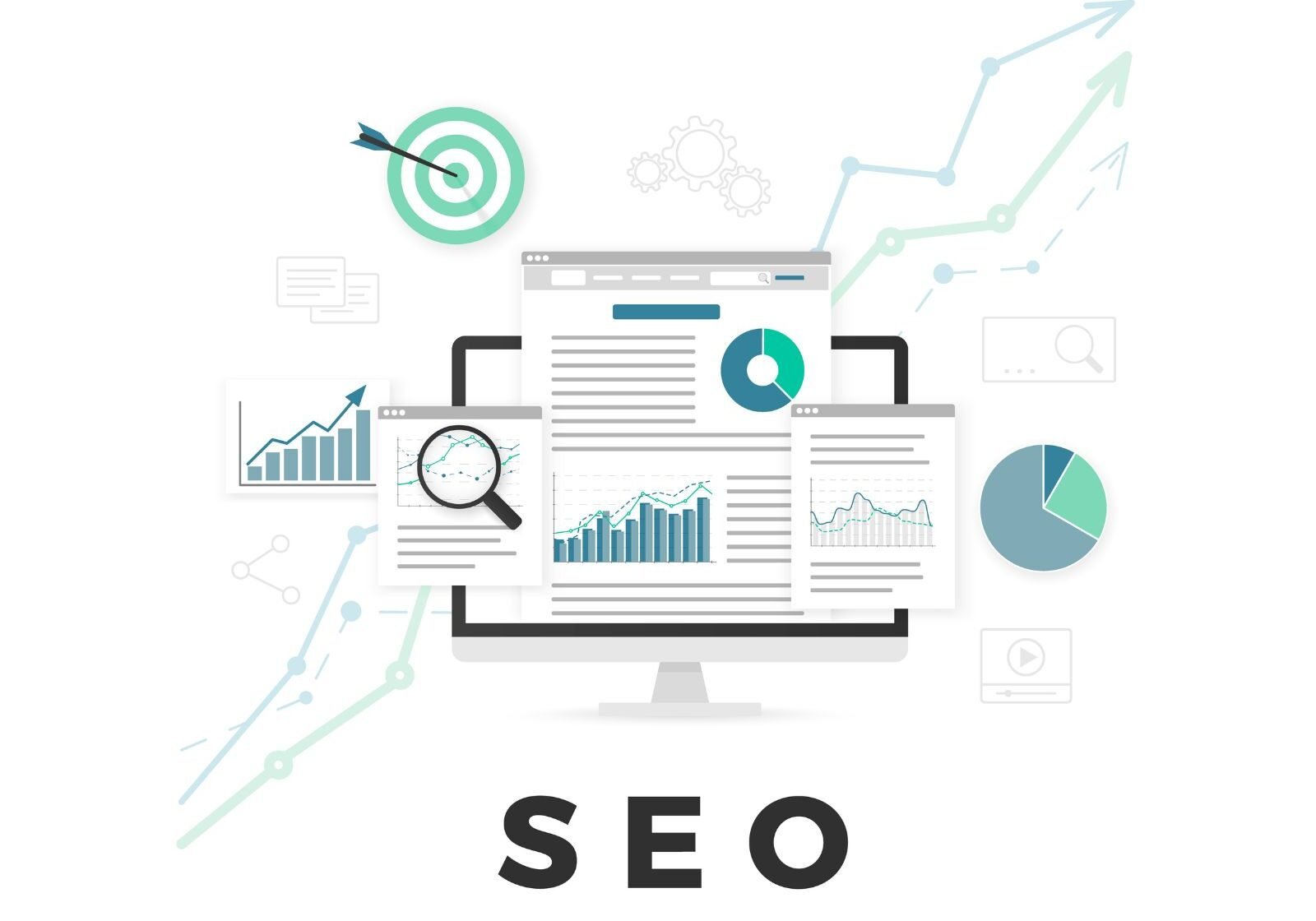 Diagram showing the difference between local SEO and national SEO strategies with keywords, maps, and search results examples.