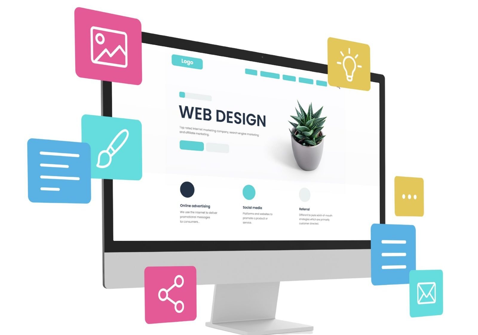 Screenshot showing various modern website design layouts with colorful elements and clean typography.